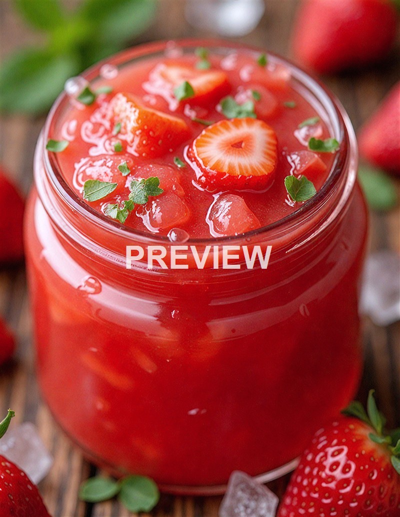 A jar of strawberry jam with fresh strawberry pieces and green herbs on top, surrounded by whole strawberries and ice cubes on a wooden surface.